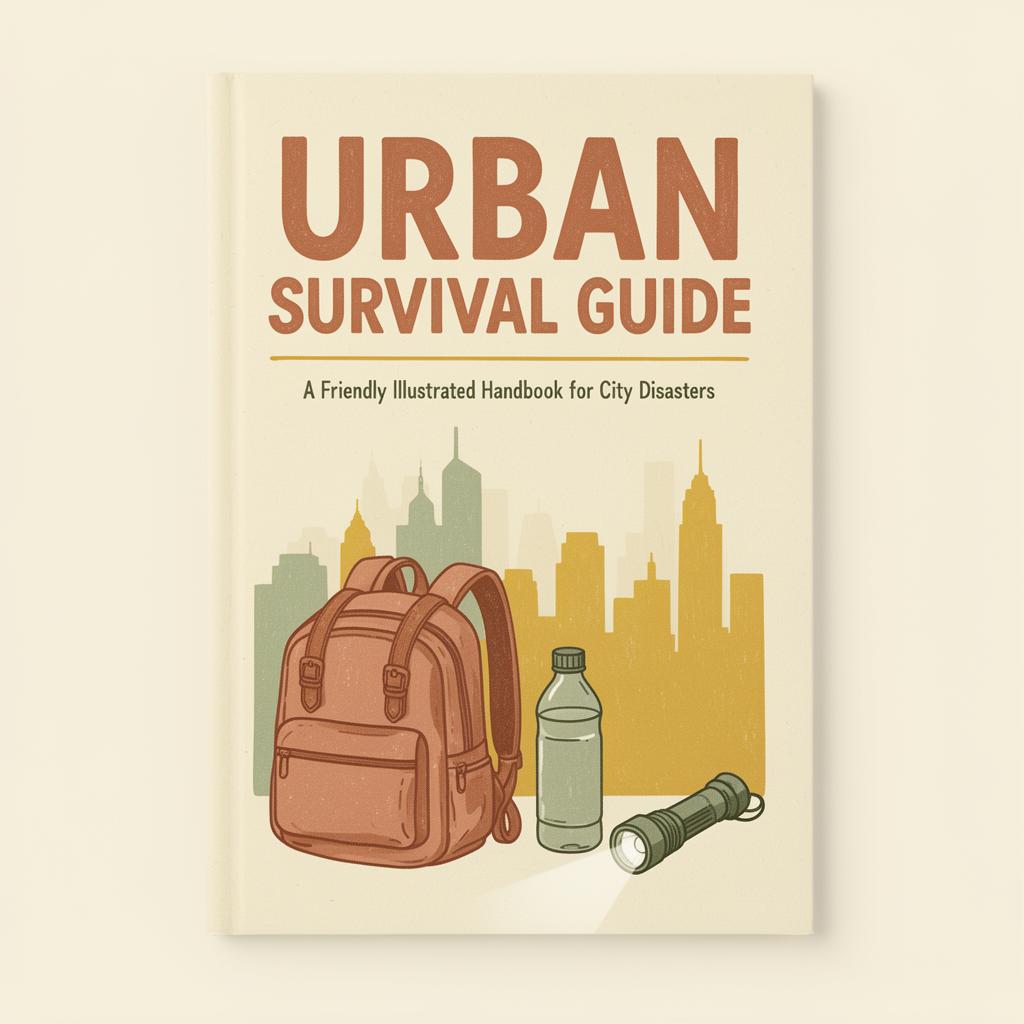 Urban Survival Guide — illustrated PDF cover featuring a backpack, water bottle, and city skyline